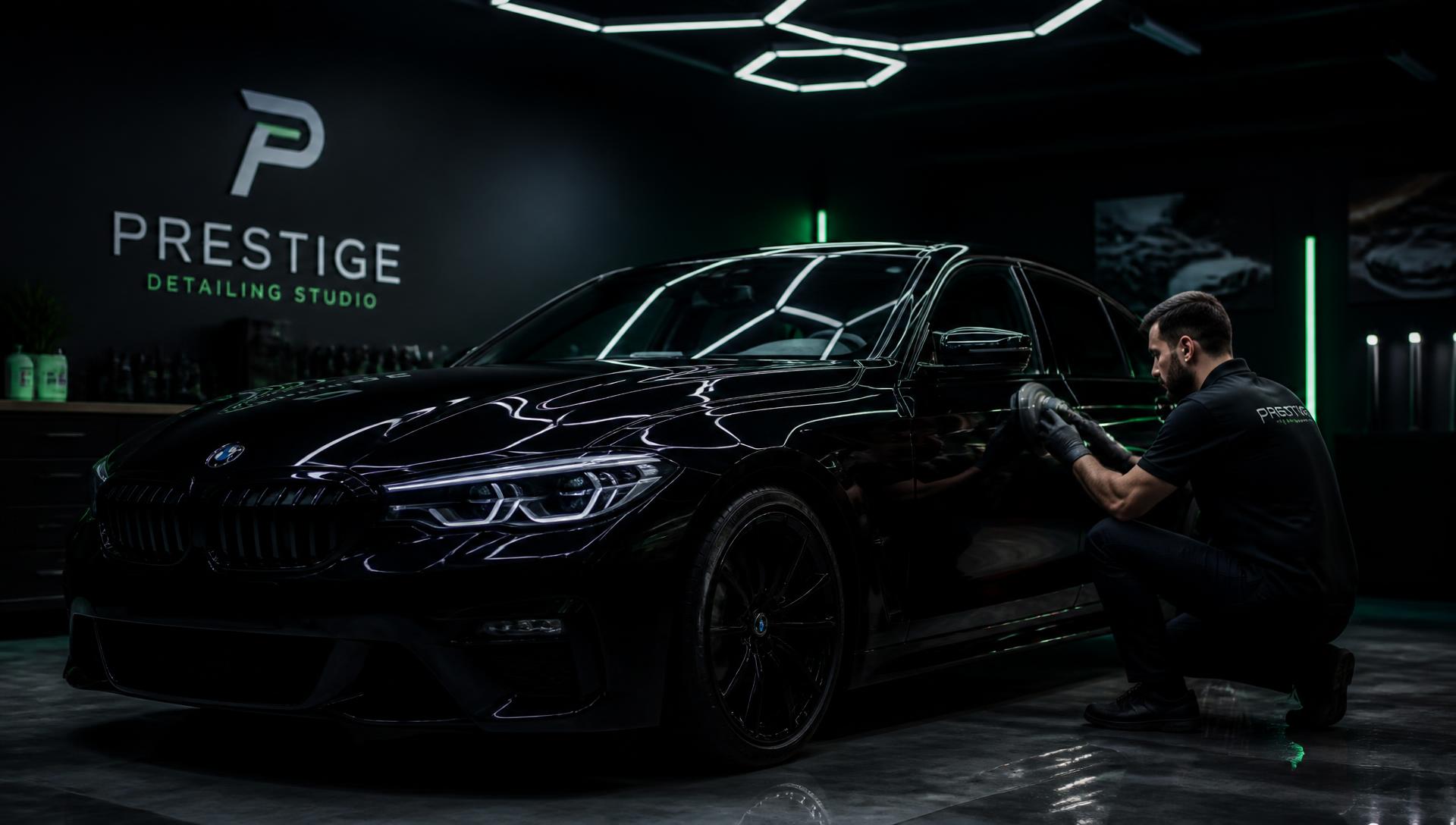 Carro preto de alto padrão sendo polido em estúdio de detalhamento automotivo
